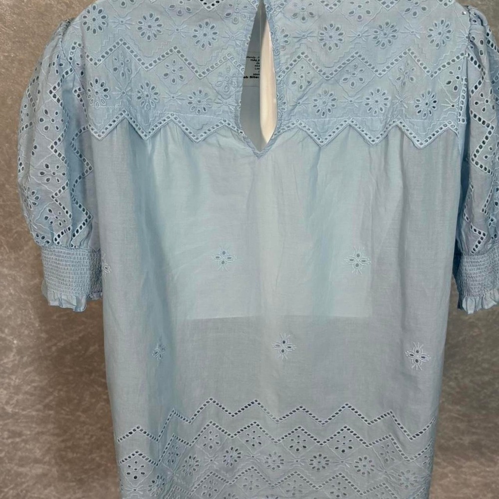 Baby Blue Cotton‎ Eyelet Puff Sleeve Cottagecore Prairie Fairycore Romantic Top - Picture 4 of 8